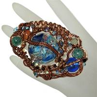 Großer Ring Lampwork Aqua blau mit Achat handgemacht in wirework antikbronze crazy Handschmuck Bild 1