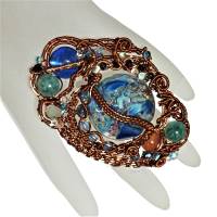 Großer Ring Lampwork Aqua blau mit Achat handgemacht in wirework antikbronze crazy Handschmuck Bild 2