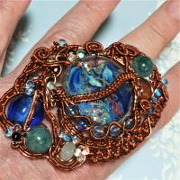 Großer Ring Lampwork Aqua blau mit Achat handgemacht in wirework antikbronze crazy Handschmuck Bild 5