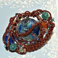 Großer Ring Lampwork Aqua blau mit Achat handgemacht in wirework antikbronze crazy Handschmuck Bild 7