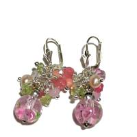 Ohrringe Lampwork rosa mit Traube aus Amethyst Peridot und Quarz pink pastell cluster an 925er Silber Bild 1