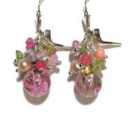 Ohrringe Lampwork rosa mit Traube aus Amethyst Peridot und Quarz pink pastell cluster an 925er Silber Bild 2