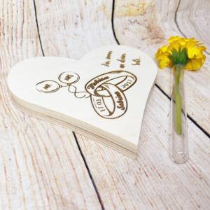 Herzaufsteller Vase, Hochzeitsdaten, mit eingestecktem Reagenzglas, für Blumen oder Rosen, personalisiert mit Wunschgrav Bild 3