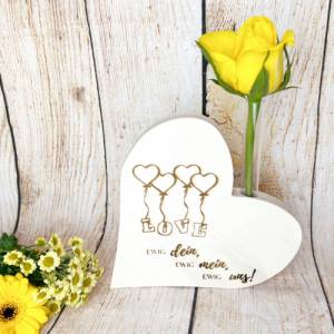 Herzaufsteller Vase LOVE, Herz aus Holz mit eingestecktem Reagenzglas, für Blumen oder Rosen, personalisiert mit Wunschg Bild 1