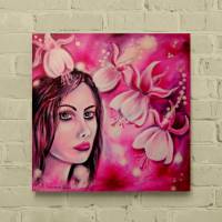 EVERLASTING LOVE - künstlerisches Frauenportrait mit Fuchsienblüten auf Galeriekeilrahmen 50cmx50cmx3,7cm Bild 1