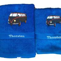 Geschenk-Set Handtuch und Duschtuch bestickt Handmad Nostalgie Bus Nostalgie  NEU Bild 1