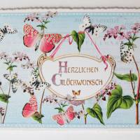 Nostalgie Postkarte Schmetterlinge Wiesenblumen Geburtstagskarte Glitterpostkarte Glückwunschkarte Bild 1