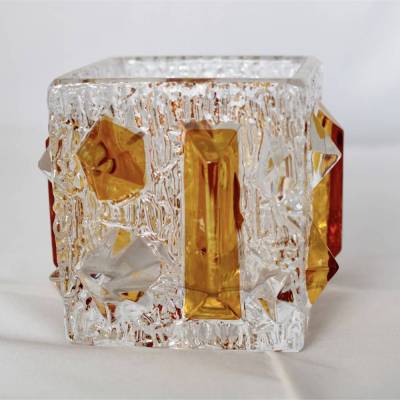 Wildunger Kristall Glas Vase geschliffen Eckig kurz klar durchsichtig mit Gelb Blumenvase Handarbeit 60er Jahre
