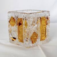 Wildunger Kristall Glas Vase geschliffen Eckig kurz klar durchsichtig mit Gelb Blumenvase Handarbeit 60er Jahre Bild 3