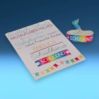 Elastisches Armband in Regenbogenfarben mit geplottetem Schriftzug „Schulkind“, zwei wählbare Schriftarten.