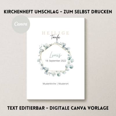Canva Design | Kirchenheft Taufe digital | Eukalyptus | Mint | Neutral | Personalisiert | Sofort Download | selbst druck