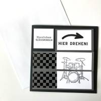 Geburtstagskarte 3D Drehkarte Wendekarte Handarbeit Musiker Schlagzeug Männer Vatertag Bild 1