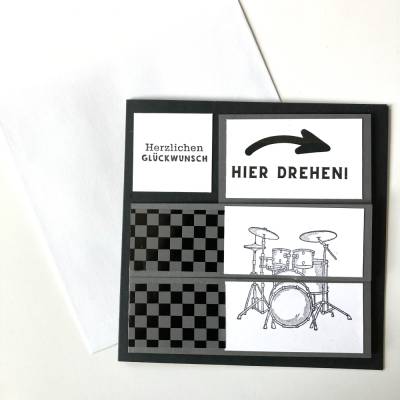 Geburtstagskarte 3D Drehkarte Wendekarte Handarbeit Musiker Schlagzeug Männer Vatertag