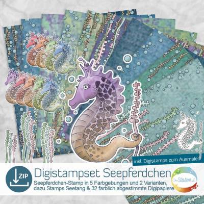 Digistampset Seepferdchen, Digitale Papiere und Stempel mit Hippokamp, Seetang, Unterwasserwelt