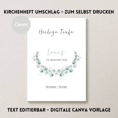 Canva Design | Kirchenheft Taufe digital | Eukalyptus Bogen | Neutral | Personalisiert | Sofort Download | selbst druck