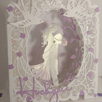 Exklusive Hochzeitskarte weiß lila, Dioramakarte Geld-Fach 3D-Effekt, Stellkarte,elegant &edel