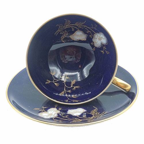 Mocca Tasse Hutschenreuther Kobaltblau mit Blüten