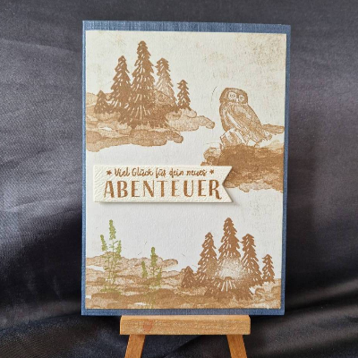 Eule - Geburtstagskarte - Viel Glück für dein neues Abenteuer - Wald - Landschaft