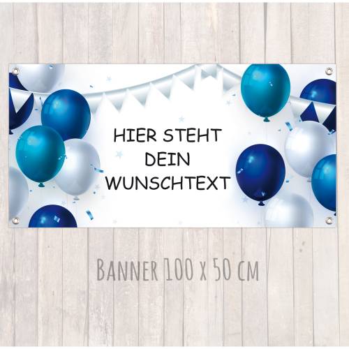 Banner zur Einschulung - Kinderparty - Jubiläum 100 x 50 cm | Bunte Luftballons - blau silbern