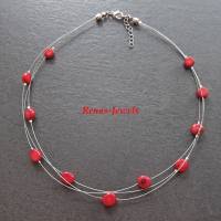 Edelsteinkette kurz dreireihig Koralle rot Perlen Edelstein Kette Perlenkette Korallenkette handgefertigt Bild 1