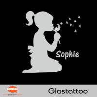 Glastattoo: Mädchen mit Pusteblume - mit Name personalisierbar | permanent haftend - transluzent grau silbern Bild 1