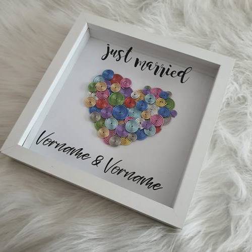 Geschenk zur Hochzeit/ Personalisiertes Draht Herz im 3D Bilderrahmen mit Just Married/ Handgemacht von Draht Elfe