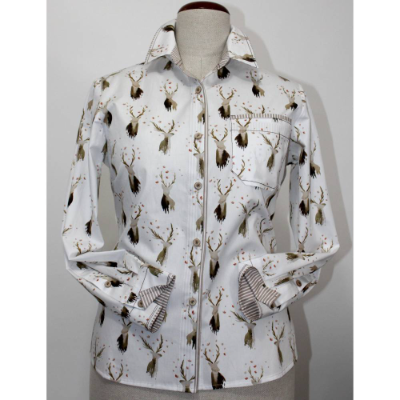 Damen Hemd Bluse Motiv Hirsch auf weißer Stoff