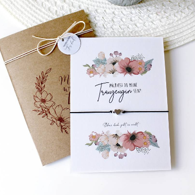 Trauzeugin Fragen Geschenk | Florale Karte mit Armband | Möchtest du meine Trauzeugin sein | Hochzeit