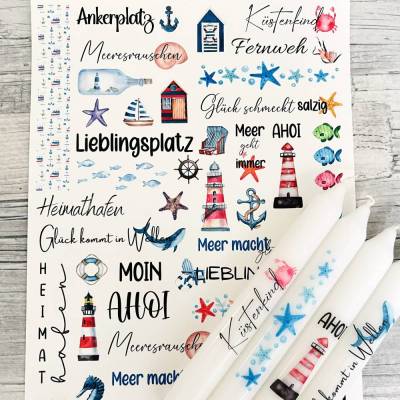Kerzentattoo MARITIM BUNT, A4, Wasserschiebefolie, Kerzenfolie, Kerzensticker, Meer, Anker, Hafen, Ahoi