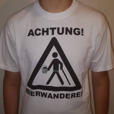 ACHTUNG BIERWANDERER T-Shirt in weiß mit schwarzem Druck in Gr S, M, L, XXL - Vatertag, Brauereiwandern, Geschenk