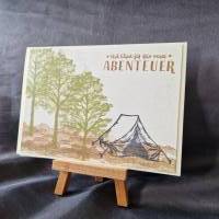 Abenteuer - Geburtstagskarte - Geschenk Geburtstag - Geschenk - Glück - Karte mit Bäumen - Zelten - Grün Beige Schwarz Bild 3