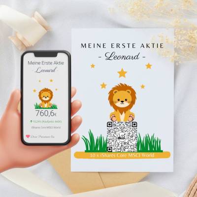 Geldgeschenk | Meine Erste Aktie | Personalisierte Aktie ETF Kryptowährung QrCode Geschenkkarte | Motiv Löwe