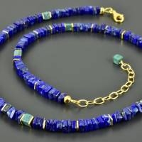 Lapislazulikette mit Türkis vergoldetem 925er Silber Lapis Lazuli-Scheiben, Würfel, Quadratische Halskette dunkelblau Bild 2