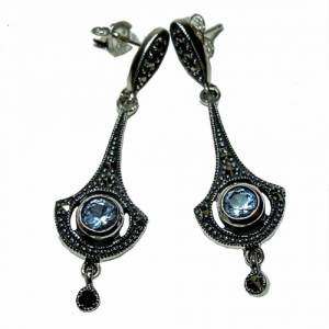 925 Silber Aquamarin Jugendstil Ohrringe mit handgefassten Markasiten Bild 1