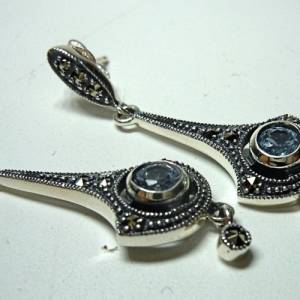 925 Silber Aquamarin Jugendstil Ohrringe mit handgefassten Markasiten Bild 2
