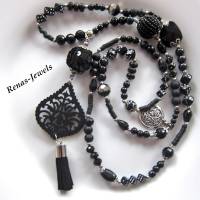 Bettelkette Kette lang schwarz silberfarben mit Quasten Anhänger Perlenkette Boho Ethno Hippie Kette Handgefertigt Bild 1