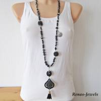 Bettelkette Kette lang schwarz silberfarben mit Quasten Anhänger Perlenkette Boho Ethno Hippie Kette Handgefertigt Bild 2