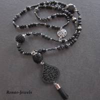Bettelkette Kette lang schwarz silberfarben mit Quasten Anhänger Perlenkette Boho Ethno Hippie Kette Handgefertigt Bild 3