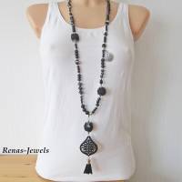 Bettelkette Kette lang schwarz silberfarben mit Quasten Anhänger Perlenkette Boho Ethno Hippie Kette Handgefertigt Bild 4