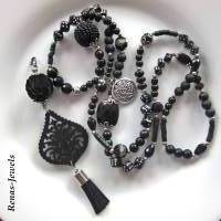 Bettelkette Kette lang schwarz silberfarben mit Quasten Anhänger Perlenkette Boho Ethno Hippie Kette Handgefertigt Bild 6