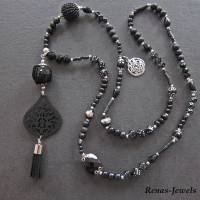 Bettelkette Kette lang schwarz silberfarben mit Quasten Anhänger Perlenkette Boho Ethno Hippie Kette Handgefertigt Bild 8