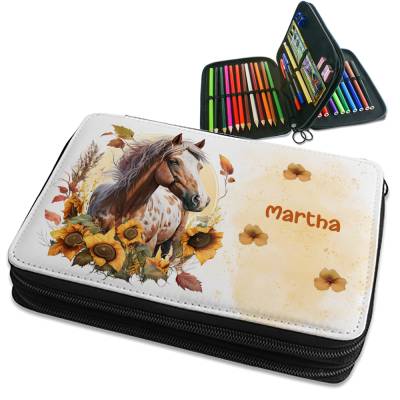 gefüllte Federmappe mit Name | Schulmäppchen mit Pferd gelb