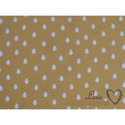 0,45m RESTSTÜCK Jersey Baumwolle Regentropfen / Wassertropfen weiß auf gelb / senfgelb / Senf / tear drops