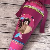 zauberhafte Schultüte Zuckertüte aus Stoff in Pink Beere Türkis mit Pferd und vielen Details wie Glitzer Federn Bild 5