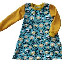 Mädchenkleid Langarmkleid Größe 98 - Blumentanz petrolgrün ockergelb Bild 1
