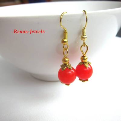 Edelstein Ohrhänger Jade Ohrringe rot goldfarben handgefertigt Perlen Schmuck Unikat