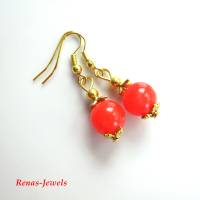 Edelstein Ohrhänger Jade Ohrringe Perlen rund rot goldfarben Jadeohrringe Handgefertigt Bild 3