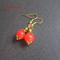 Edelstein Ohrhänger Jade Ohrringe Perlen rund rot goldfarben Jadeohrringe Handgefertigt Bild 5