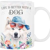 Hunde-Tasse LIFE IS BETTER WITH A DOG mit Samojede Bild 1