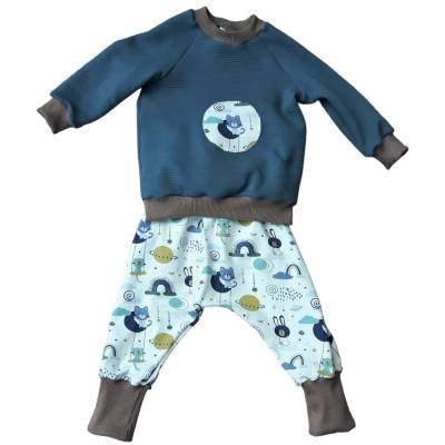 Baby Kombination  Set - Pumphose & Pullover - Größe 74/80 Spieltiere weiß petrol